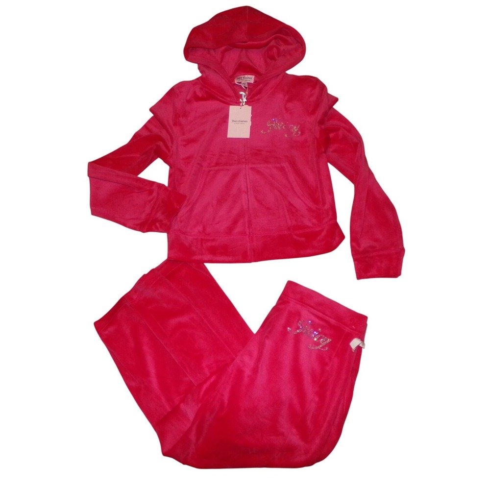 Juicy Couture Women LRG Hot Pink Velour Tracksuit Set Zip Hoodie Flare Pants NWT